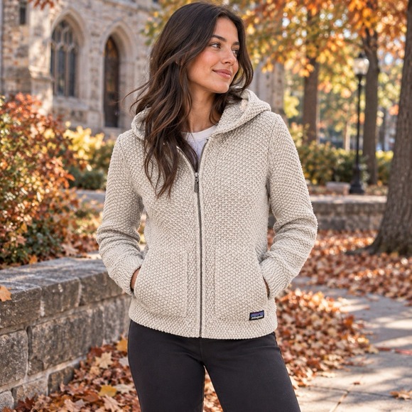 Patagonia Sweaters - Vintage Womens XS Patagonia Lambs Wool Chunky Knit Tan Zip Up Sweater Chest 36"